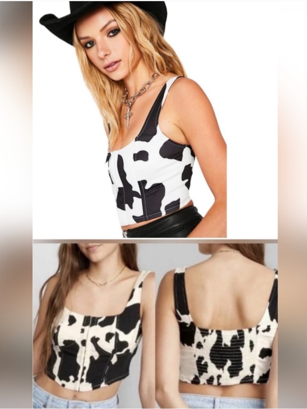 Lone star Cow Print Square Neck Crop Top - Brown & White
